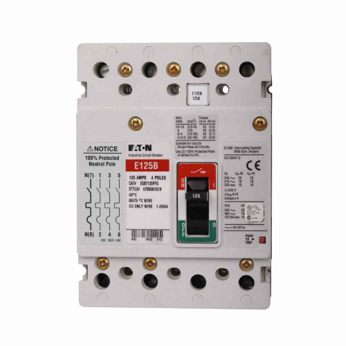 Eaton EGC7063FFG Series G molded case circuit breaker, EG-frame, EG, Fixed thermal and magnetic trips, Four-pole, 63A, 600Y/347 Vac, 200 kAIC at 240 Vac, 100 kAIC at 480 Vac, 35 kAIC at 600Y/347 Vac, Line/load, Not UL rated, 50/60 Hz