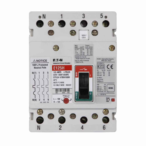 Eaton EGE7080AFGV Series G molded case circuit breaker, EG-frame, EG, Adj. thermal, fixed magnetic trip, Four-pole, 80A, 600Y/347 Vac, 35 kAIC at 240 Vac, 25 kAIC at 480 Vac, 18 kAIC at 600Y/347 Vac, Line/load, 50°C, 50/60 Hz