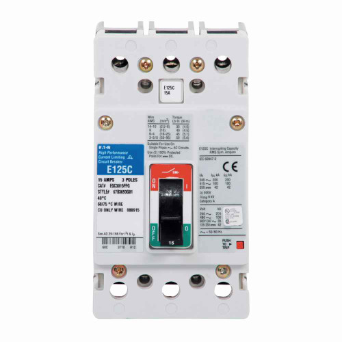 Eaton EGC3100FFWH31 Series G molded case circuit breaker, EG-frame, EG, Fixed thermal, fixed magnetic trip, Three-pole, 100A, 600Y/347 Vac, 200 kAIC at 240 Vac, 100 kAIC at 480 Vac, 35 kAIC at 600Y/347 Vac, No terminals, Side label, 50/60 Hz