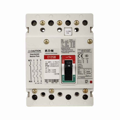 Eaton EGE4045FFG Series G molded case circuit breaker, EG-frame, EG, Fixed thermal, fixed magnetic trip, Four-pole, 45A, 600Y/347 Vac, 35 kAIC at 240 Vac, 25 kAIC at 480 Vac, 18 kAIC at 600Y/347 Vac, Line and load, 50/60 Hz