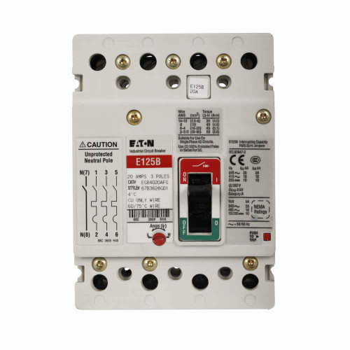 Eaton EGE4080AFGV Series G molded case circuit breaker, EG-frame, EG, Adjustable thermal, fixed magnetic trip, Four-pole, 80A, 600Y/347 Vac, 35 kAIC at 240 Vac, 25 kAIC at 480 Vac, 18 kAIC at 600Y/347 Vac, Line and load, 50°C, 50/60 Hz
