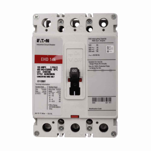 Eaton EHD3030VL Series C complete molded case circuit breaker, F-frame, EHD, Complete breaker, Fixed thermal, fixed magnetic trip type, Three-pole, 30A, 18 kAIC at 240 Vac, 14 kAIC at 480 Vac, Line and load, 50°C, 50/60 Hz