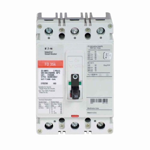 Eaton FD3030V Series C complete molded case circuit breaker, F-frame, FD, Complete breaker, Fixed thermal, fixed magnetic trip type, Three-pole, 30A, 600 Vac, 250 Vdc, 65 kAIC at 240 Vac, 35 kAIC at 480 Vac, Load side, 50°C, 50/60 Hz