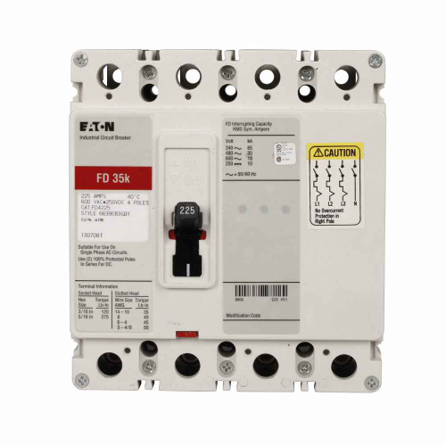 Eaton FD4100EL Series C complete molded case circuit breaker, F-frame, FD, Fixed thermal, fixed magnetic trip, Four-pole, 100A, 600 Vac, 250 Vdc, 65 kAIC at 240 Vac, 35 kAIC at 480 Vac, Line and load, 50/60 Hz, 100% protected neutral pole