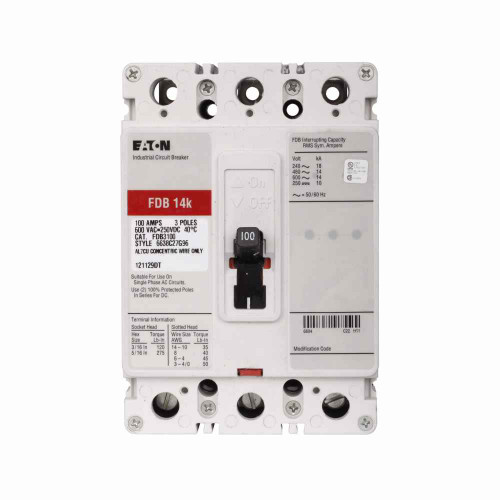 Eaton FDB3030D04L11 Series C complete molded case circuit breaker, F-frame, FDB, Fixed thermal and magnetic trips, Three-pole, 30A, 600 Vac, 250 Vdc, 18 kAIC at 240 Vac, 14 kAIC at 480 Vac, Load side end cap, Imperial, 50/60 Hz, (OFF) Padlockable han