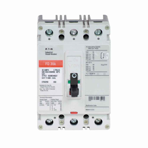 Eaton FD3200LS21 Series C complete molded case circuit breaker, F-frame, FD, Fixed thermal and magnetic trips, Three-pole, 200A, 600 Vac, 250 Vdc, 65 kAIC at 240 Vac, 35 kAIC at 480 Vac, Line/load, 48-127 Vac or 48-60 Vdc same side w/ right pigtail