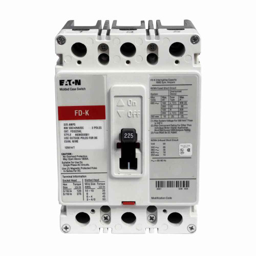 Eaton FD3225LS08 Series C complete molded case circuit breaker, F-frame, FD, Fixed thermal and magnetic trips, Three-pole, 225A, 600 Vac, 250 Vdc, 65 kAIC at 240 Vac, 35 kAIC at 480 Vac, Line/load, 48-127 Vac or 48-60 Vdc same side left term.