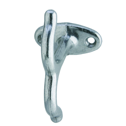 Ives 580 Cast Aluminum Ceiling Hook in Bright Chrome (672) finish, front angle view showing hook profile and oval mounting base with fastener hole