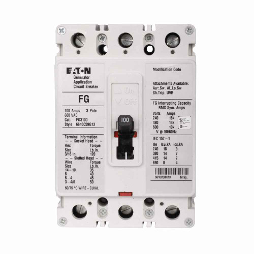 Eaton FG3150S17 Series C complete molded case circuit breaker, F-frame, FG, Fixed thermal and magnetic trips, Three-pole, 150A, 600 Vac, 18 kAIC at 240 Vac, 14 kAIC at 480 Vac, Line/load, 12-24 Vac/dc same side w/ right pigtail, Reverse, 60 Hz Eaton FG3150S17 Series C complete molded case circuit breaker, F-frame, FG, Fixed thermal and magnetic trips, Three-pole, 150A, 600 Vac, 18 kAIC at 240 Vac, 14 kAIC at 480 Vac, Line/load, 12-24 Vac/dc same side w/ right pigtail, Reverse, 60 Hz