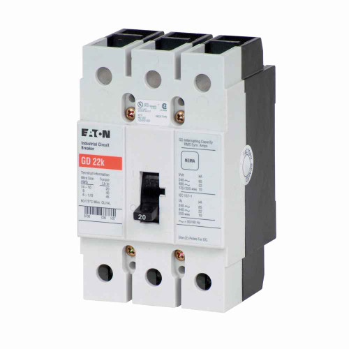 Eaton GD3020DA3S114 Series C complete molded case circuit breaker, G-frame, GD, Fixed thermal and magnetic trips, Three-pole, 20A, 480 Vac, 125/250 Vdc, 65 kAIC at 240 Vac, 14 kAIC at 480 Vac, 120 Vac rear w/ left pigtail, Ring type Eaton GD3020DA3S114 Series C complete molded case circuit breaker, G-frame, GD, Fixed thermal and magnetic trips, Three-pole, 20A, 480 Vac, 125/250 Vdc, 65 kAIC at 240 Vac, 14 kAIC at 480 Vac, 120 Vac rear w/ left pigtail, Ring type