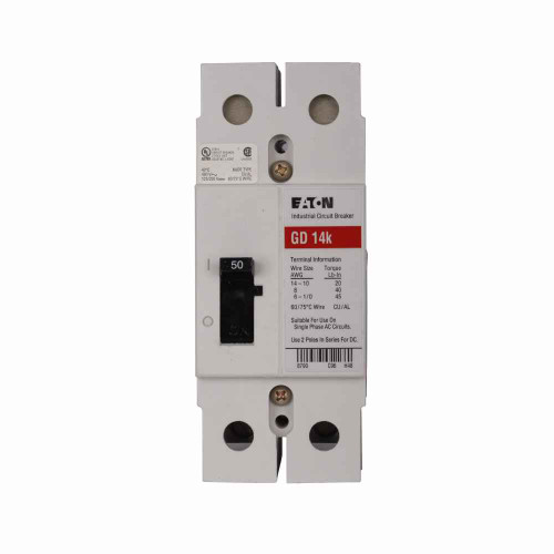 Eaton GD2045C Series C complete molded case circuit breaker, G-frame, GD, Complete breaker, Fixed thermal, fixed magnetic trip type, Two-pole, 45A, 480 Vac, 125/250 Vdc, 65 kAIC at 240 Vac, 14 kAIC at 480 Vac, Copper, 50/60 Hz Eaton GD2045C Series C complete molded case circuit breaker, G-frame, GD, Complete breaker, Fixed thermal, fixed magnetic trip type, Two-pole, 45A, 480 Vac, 125/250 Vdc, 65 kAIC at 240 Vac, 14 kAIC at 480 Vac, Copper, 50/60 Hz
