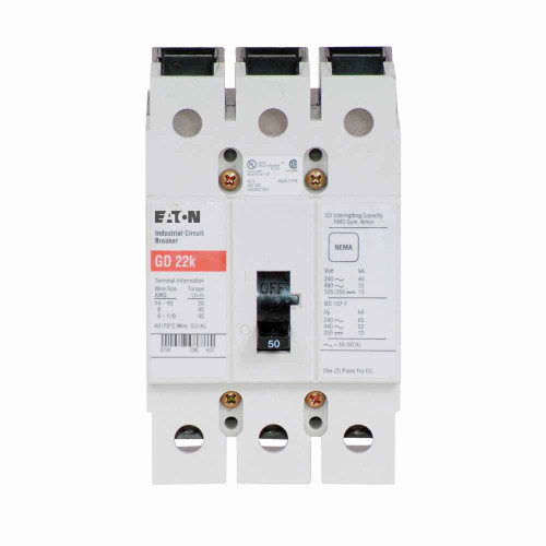 Eaton GD3050A3 Series C complete molded case circuit breaker, G-frame, GD, Fixed thermal, fixed magnetic trip, Three-pole, 50A, 480 Vac, 125/250 Vdc, 65 kAIC at 240 Vac, 14 kAIC at 480 Vac, 1A-1B with right pigtail, 50/60 Hz