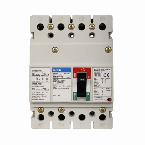 Eaton GEE7100FFM Series G molded case circuit breaker, EG-frame, GE, Complete breaker, Fixed thermal, fixed magnetic trip, Four-pole, 100A, 600Y/347 Vac, 65 kAIC at 240 Vac, 25 kAIC at 415/480 Vac, 18 kAIC at 600Y/347 Vac, Line/load end caps, Metric