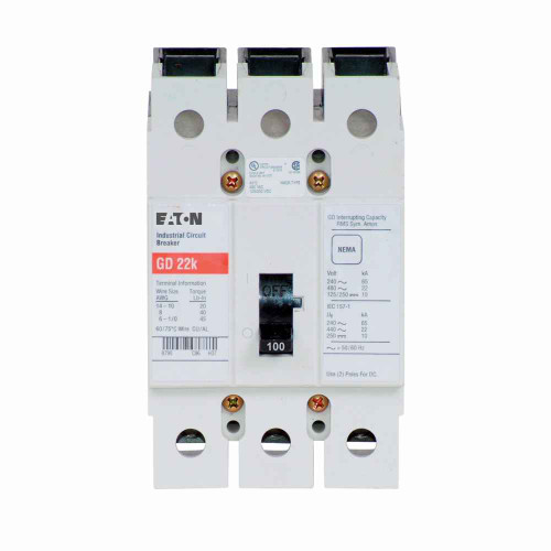 Eaton GD3100D Series C complete molded case circuit breaker, G-frame, GD, Fixed thermal, fixed magnetic trip, Three-pole, 100A, 480 Vac, 125/250 Vdc, 65 kAIC at 240 Vac, 14 kAIC at 480 Vac, Line and load, 50/60 Hz, Ring type, Ring type