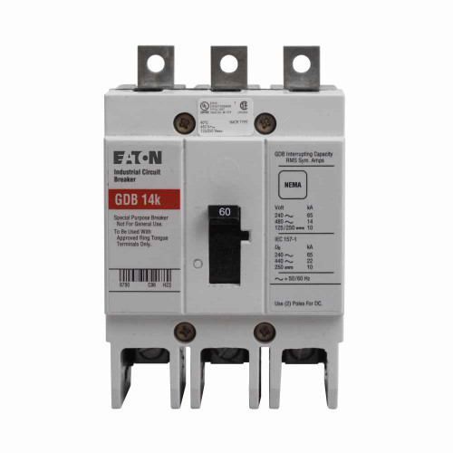 Eaton GDB3060D Series C complete molded case circuit breaker, G-frame, GDB, Complete breaker, Fixed thermal, fixed magnetic trip, Three-pole, 60A, 480 Vac, 125/250 Vdc, 14 kAIC at 480 Vac, Line and load, 50/60 Hz, Ring type, Ring type Eaton GDB3060D Series C complete molded case circuit breaker, G-frame, GDB, Complete breaker, Fixed thermal, fixed magnetic trip, Three-pole, 60A, 480 Vac, 125/250 Vdc, 14 kAIC at 480 Vac, Line and load, 50/60 Hz, Ring type, Ring type