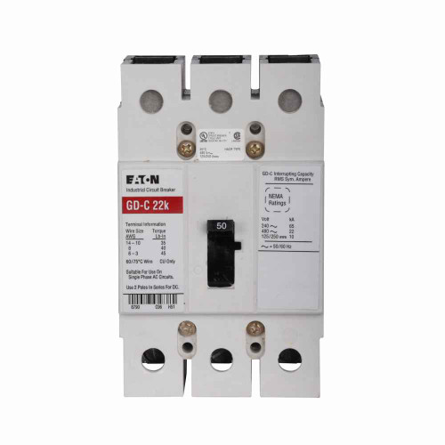 Eaton GD3050C Series C complete molded case circuit breaker, G-frame, GD, Complete breaker, Fixed thermal, fixed magnetic trip type, Three-pole, 50A, 480 Vac, 125/250 Vdc, 65 kAIC at 240 Vac, 14 kAIC at 480 Vac, Copper, 50/60 Hz