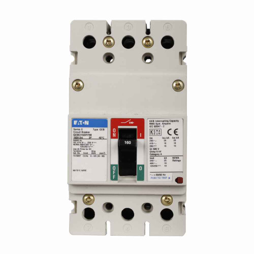 Eaton GEB3063FFM Series G molded case circuit breaker, EG-frame, GE, Complete breaker, Fixed thermal, fixed magnetic trip type, Three-pole, 63A, 480 Vac, 25 kAIC at 240 Vac, 18 kAIC at 415/480 Vac, Line and load end caps, Metric Eaton GEB3063FFM Series G molded case circuit breaker, EG-frame, GE, Complete breaker, Fixed thermal, fixed magnetic trip type, Three-pole, 63A, 480 Vac, 25 kAIC at 240 Vac, 18 kAIC at 415/480 Vac, Line and load end caps, Metric