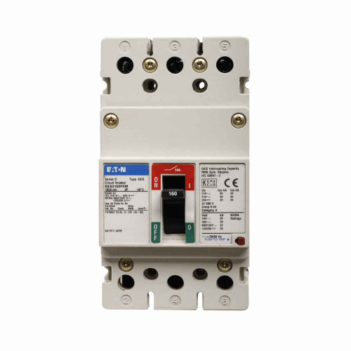 Eaton GES3050AFM Series G molded case circuit breaker, EG-frame, GE, adj. thermal, fixed magnetic trip, Three-pole, 50A, 600Y/347 Vac, 85 kAIC at 240 Vac, 40 kAIC at 415 Vac, 35 kAIC at 480 Vac, 22 kAIC at 600Y/347 Vac, Line/load end caps, Metric