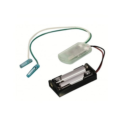 BEA 10TD900PB 900 MHz hardwired transmitter with flagged operation, shown with AAA battery holder and wiring harness