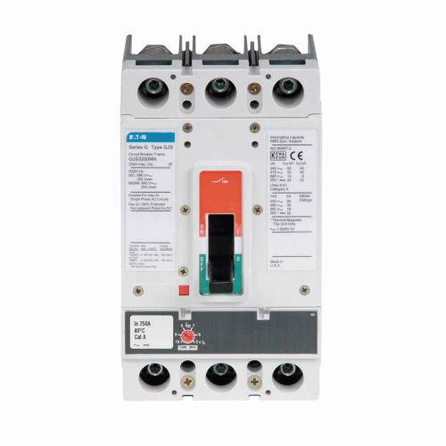 Eaton GJS3090FAM Series G molded case circuit breaker, JG-frame, GJ, Fixed thermal, adjustable magnetic trip, Three-pole, 90A, 600 Vac, 85 kAIC at 240 Vac, 40 kAIC at 415 Vac, 35 kAIC at 480 Vac, 18 kAIC at 600 Vac, Line and load end caps, Metric