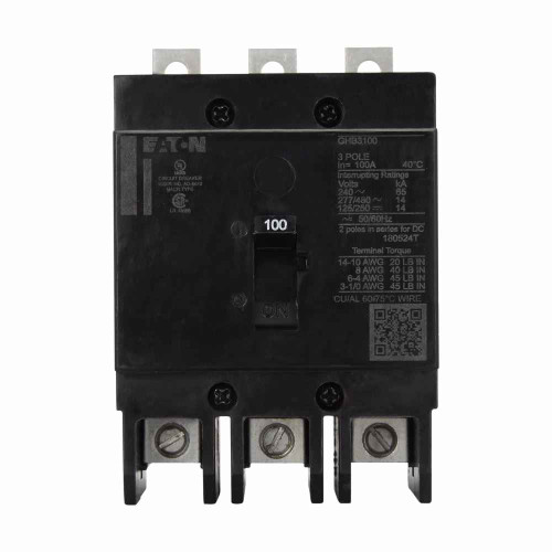 Eaton GHB3080V Series C complete molded case circuit breaker, G-frame, GHB, Complete breaker, Fixed thermal, fixed magnetic trip type, Three-pole, 80A, 480Y/277 Vac, 125/250 Vdc, 65 kAIC at 240 Vac, 14 kAIC at 480Y/277 Vac, 50°C, 50/60 Hz