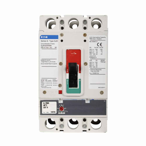 Eaton GJH3080AAM Series G molded case circuit breaker, JG-frame, GJ, Adjustable thermal, adjustable magnetic trip, Three-pole, 80A, 600 Vac, 100 kAIC at 240 Vac, 70 kAIC at 415 Vac, 65 kAIC at 480 Vac, 25 kAIC at 600 Vac, Line/load end caps, Metric