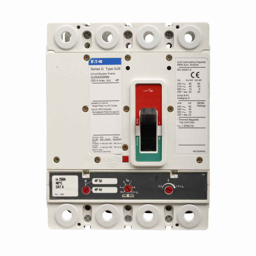 Eaton GJS4070FAM Series G molded case circuit breaker, JG-frame, GJ, Fixed thermal, adj. magnetic trip, Four-pole, 70A, 600 Vac, 85 kAIC at 240 Vac, 40 kAIC at 415 Vac, 35 kAIC at 480 Vac, 18 kAIC at 600 Vac, Line/load end caps, Metric