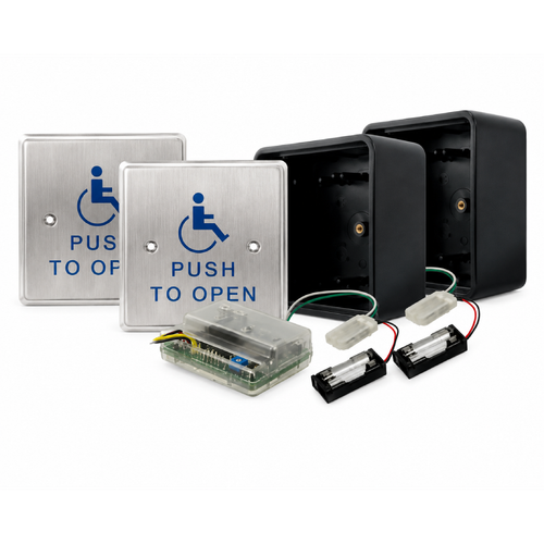 BEA 45S-900 Wireless Push Plate Kit — complete package contents shown: two PBS451 4.5" square stainless push plates with ADA wheelchair symbol, two 10BOX45SQSM surface mount boxes, two 10TD900PB 900 MHz transmitters, and one 10RD900 900 MHz receiver