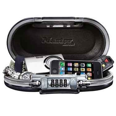Master Lock 5900D Portable Combination Safe open showing interior compartment, 4-dial combination lock, and cable, Black
