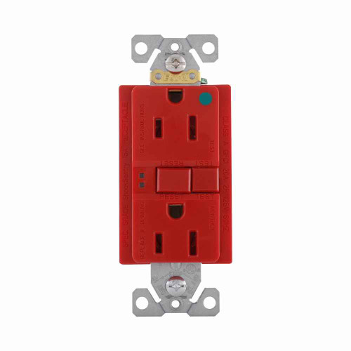 Eaton SGFH15RD hospital grade GFCI receptacle,Self-test,#14 - 10 AWG,15A,Residential,Commercial,Flush,125 V,GFCI,Back and side wire,Red,Brass,Receptacle,Nylon,5-15R,Two-pole, three-wire, grounding Eaton SGFH15RD hospital grade GFCI receptacle,Self-test,#14 - 10 AWG,15A,Residential,Commercial,Flush,125 V,GFCI,Back and side wire,Red,Brass,Receptacle,Nylon,5-15R,Two-pole, three-wire, grounding