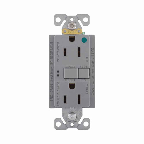 Eaton SGFH15FGY hospital grade GFCI receptacle,NAFTA compliant,Self-test,#14 - 10 AWG,15A,Residential,Commercial,Flush,125 V,GFCI,Back and side wire,Gray,Brass,Receptacle,Nylon,5-15R,Two-pole, three-wire, grounding Eaton SGFH15FGY hospital grade GFCI receptacle,NAFTA compliant,Self-test,#14 - 10 AWG,15A,Residential,Commercial,Flush,125 V,GFCI,Back and side wire,Gray,Brass,Receptacle,Nylon,5-15R,Two-pole, three-wire, grounding