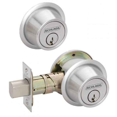 Schlage B562 Grade 2 Double Cylinder Deadbolt in 626 Satin Chrome — exterior and interior cylinder view with latch bolt assembly