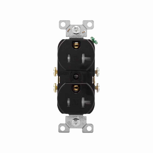 Eaton TRCR20BK commercial specification grade duplex receptacle, #14-10 AWG, 20A, Commercial, Flush, 125V, Side wire, Black, Brass, Impact-resistant nylon face, PVC body, 5-20R, Duplex, Screw, PVC, Core pack