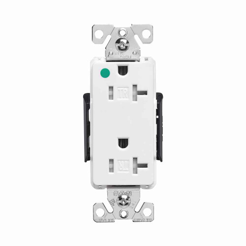 Eaton TR8362W Arrow Hart extra heavy-duty hospital grade decorator duplex receptacle, #14-10 AWG, 20A, Healthcare, Flush, 125V, Back and side, White, Brass, Impact-resistant nylon face, PVC body, 5-20R, Duplex, Screw, Glass-filled nylon, Core pack