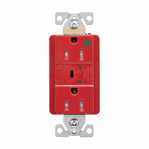 Eaton TR8262RDS TVSS receptacle, HG, LED indicat and alarm, #14 - #10 AWG, 15A, Comm specif, Wall/flush mnt, Bk and sd wire, 840J, 2 recept, -40° to 60°C, Red, Brs, Strght blade, Hi-impct resist thermpls/nylon, 5-15R, Dplx 756467 756467