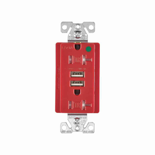 Eaton TR8355RD combination USB charger with duplex receptacle, Tamper resistant, 20A, Flush mount, 125 Vac, 5 Vdc, Wire leads, Red, Brass, 5-20R, Two-pole, three-wire, grounding, Decorator, Thermoplastic