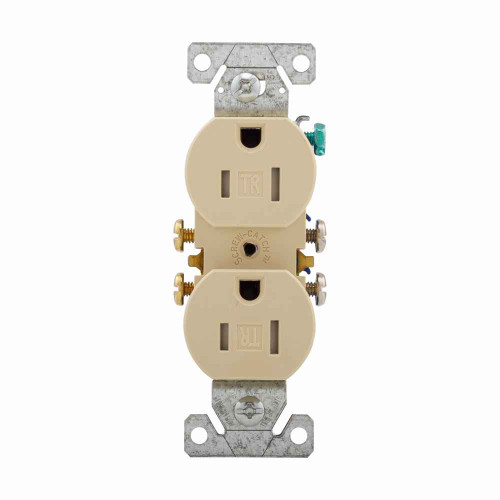 Eaton TR270V-BOX residential grade duplex receptacle, #14-10 AWG, 15A, Commercial|Residential, Flush, 125V, Side and push, Ivory, Brass, Impact-resistant thermoplastic face, PVC body, 5-15R, Duplex, Screw, Thermoplastic, ED Box