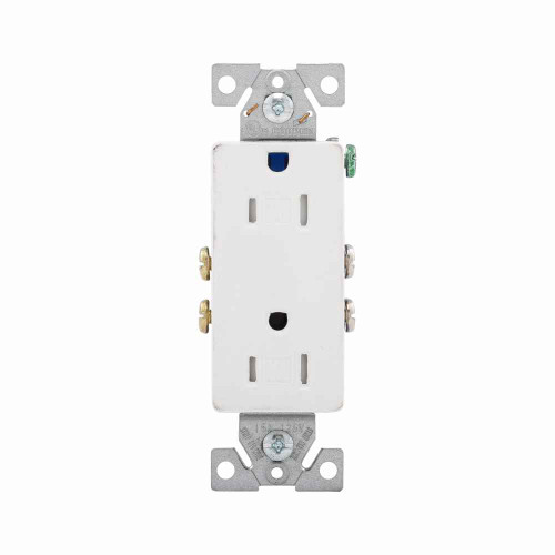 Eaton TR1107-9W residential grade decorator duplex receptacle,#14-10 AWG,15A,Commercial|Residential,Flush,125V,Side and push,White,Brass,Impact-resistant thermoplastic face,PVC body,5-15R,Duplex,Screw,Core pack,Tamper-resistant|Auto-grounding