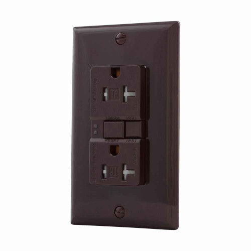 Eaton TRSGF20FB GFCI receptacle,NAFTA compliant,Self-test,#14 - 10 AWG,20A,Residential,Commercial,Flush,125 V,GFCI,Back and side wire,Brown,Brass,Receptacle,Tamper resistant,Polycarbonate,5-20R,Two-pole, three-wire, grounding