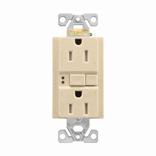 Eaton TRAFGF15V AFGF receptacle,Tamper resistant,Self-test,#14 - 10 AWG,15A,Residential,Commercial,Flush,125 V,AFGF,Back and side wire,Ivory,Brass,Receptacle,Tamper resistant,Polycarbonate,5-15R,Two-pole, three-wire, grounding Eaton TRAFGF15V AFGF receptacle,Tamper resistant,Self-test,#14 - 10 AWG,15A,Residential,Commercial,Flush,125 V,AFGF,Back and side wire,Ivory,Brass,Receptacle,Tamper resistant,Polycarbonate,5-15R,Two-pole, three-wire, grounding