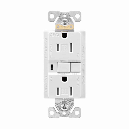 Eaton TRAFCI15W-BOX AFCI receptacle, Visual trip indicator light, box, 15A, 125V, Back wire and side wire, AFCI, White, Brass, Receptacle, Tamper resistant, PVC, 5-15R, Two-pole, three-wire, grounding