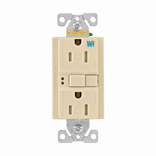 Eaton TWRSGF15V GFCI receptacle,Self-test,#14 - 10 AWG,15A,Residential,Commercial,Flush,125 V,Back and side wire,Ivory,Brass,Tamper and weather resistant,Polycarbonate,5-15R,Two-pole,Three-wire,grounding