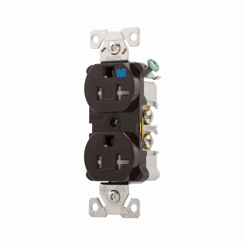 Eaton TWRBR20B commercial specification grade duplex receptacle,#14-10 AWG,20A,Commercial,Flush,125V,Back and side,Brown,Nickel-plated brass,Weather resistant,Impact-resistant nylon face,Glass-filled nylon base,5-20R,Duplex,Screw,Nylon,Core pack Eaton TWRBR20B commercial specification grade duplex receptacle,#14-10 AWG,20A,Commercial,Flush,125V,Back and side,Brown,Nickel-plated brass,Weather resistant,Impact-resistant nylon face,Glass-filled nylon base,5-20R,Duplex,Screw,Nylon,Core pack