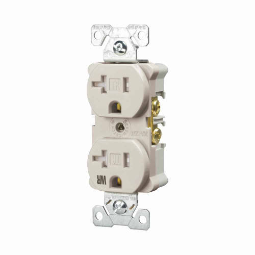 Eaton TWRBR20V commercial specification grade duplex receptacle,#14-10 AWG,20A,Commercial,Flush,125V,Back and side,Ivory,Nickel-plated brass,Weather resistant,Impact-resistant nylon face,Glass-filled nylon base,5-20R,Duplex,Screw,Nylon,Core pack Eaton TWRBR20V commercial specification grade duplex receptacle,#14-10 AWG,20A,Commercial,Flush,125V,Back and side,Ivory,Nickel-plated brass,Weather resistant,Impact-resistant nylon face,Glass-filled nylon base,5-20R,Duplex,Screw,Nylon,Core pack