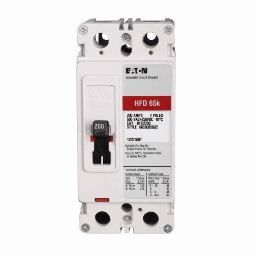 Eaton HFD2040 Series C complete molded case circuit breaker, F-frame, HFD, Complete breaker, Fixed thermal, Fixed magnetic trip type, Two-pole, 40 A, 600 Vac, 250 Vdc, 100 kAIC at 240 Vac, 65 kAIC at 480 Vac, Load side, 50/60 Hz
