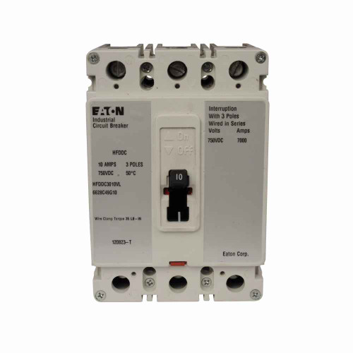Eaton HFDDC3050LC06S08 Series C DC/PvGard complete molded case circuit breaker, F-frame, HFD, Fixed thermal and magnetic trips, Three-pole, 50A, 600 Vac, 250 Vdc, 42 kAIC at 600 Vac, Line/load, 48-127 Vac or 48-60 Vdc same side left term.