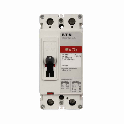 Eaton HFWF2160VL Series C complete molded case circuit breaker, F-frame, HFWF, Complete breaker, Adjustable thermal, fixed magnetic trip type, Two-pole, 160A, 240 Vac, 70 kAIC at 240 Vac, Line and load, 50°C