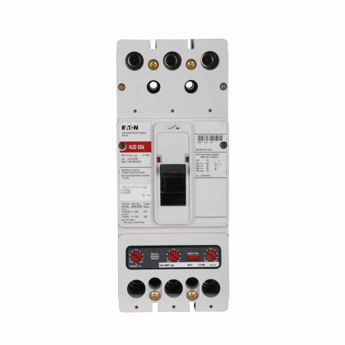 Eaton HJD3070WD01S11 Series C complete molded case circuit breaker, J-frame, HJD, Fixed thermal and magnetic trips, Three-pole, 70A, 600 Vac, 250 Vdc, 100 kAIC at 240 Vac, 65 kAIC at 480 Vac, 208-380 Vac or 110-127 Vdc opposite side w/ left pigtail