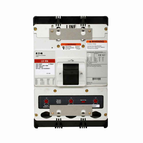 Eaton HLD3600C Series C complete molded case circuit breaker, L-frame, HLD, Complete breaker, Fixed thermal, fixed magnetic trip type, Three-pole, 600A, 600 Vac, 250 Vdc, 100 kAIC at 240 Vac, 65 kAIC at 480 Vac, Copper, 50/60 Hz