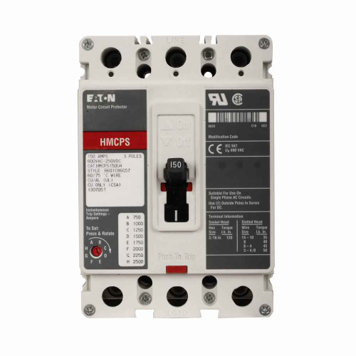 Eaton HMCPS050K2A06L07S07 molded case circuit breaker accessory motor protection, Left-hand padlockable handle lock hasp (PLK1), 50 A, Three-pole, 1A-1B Right pigtail rear, Frame J-K, 50-500 A, 600 V, 250 Vdc, 48-127 V or 48-60 Vdc left pigtail oppos